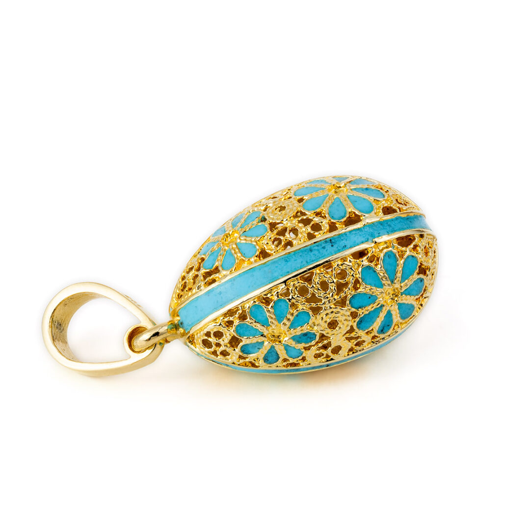Filigree Egg Pendant with Flowers - 14k Gold and Turquoise Enamel