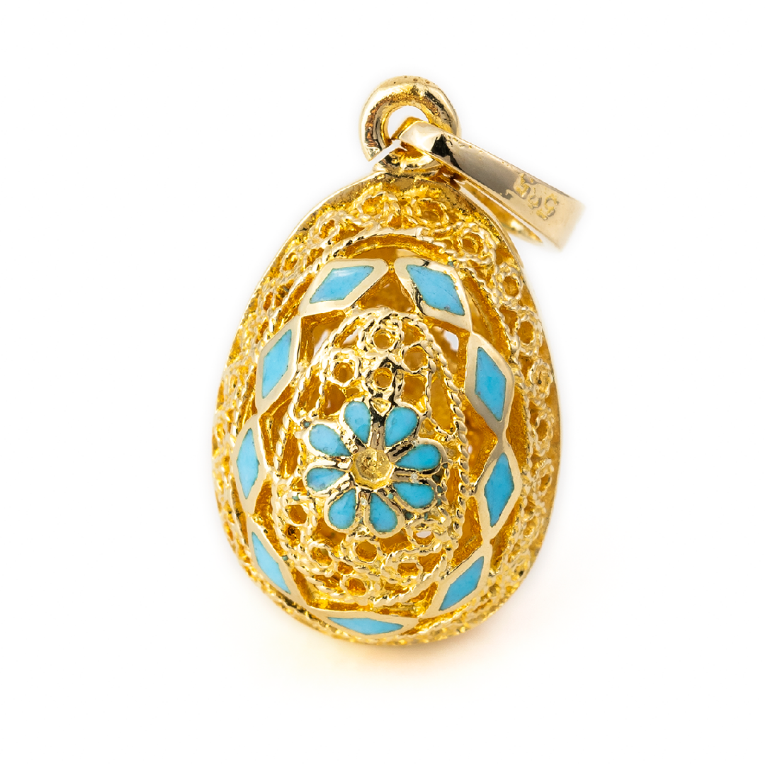 Filigree Egg Pendant with Rosette Flower - 14k Gold and Turquoise Enamel