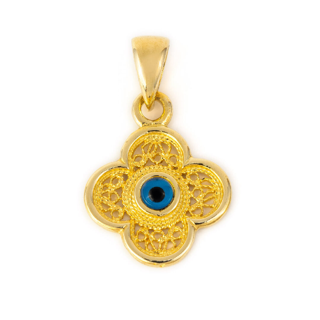 Filigree Cross Pendant with Evil Eye - 14K Gold