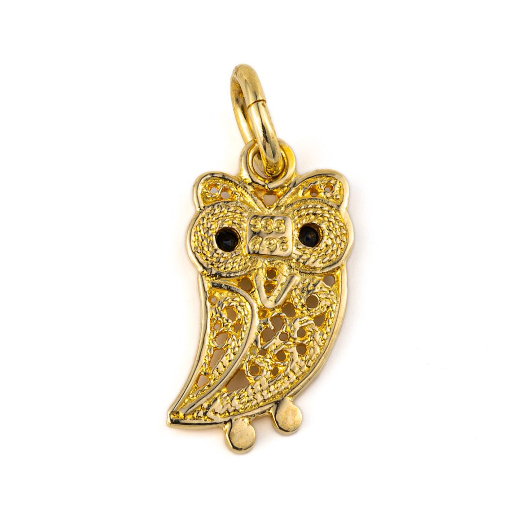 Wisdom Owl Filigree Pendant – 14K Gold with Sapphire