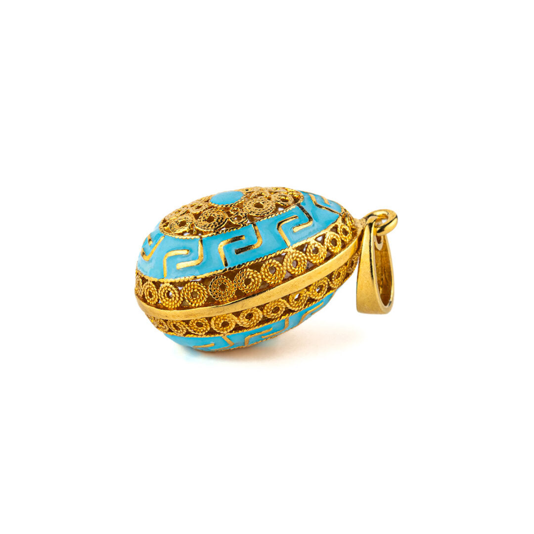 Meander Filigree Egg Pendant Necklace with Turquoise Enamel - Sterling Silver Gold Plated