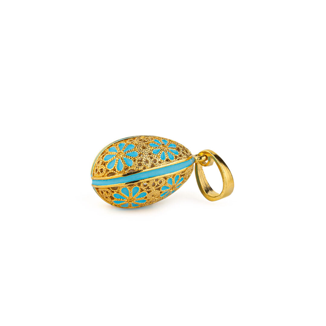 Filigree Egg Turquoise Pendant Necklace with Flowers - Sterling Silver Gold Plated