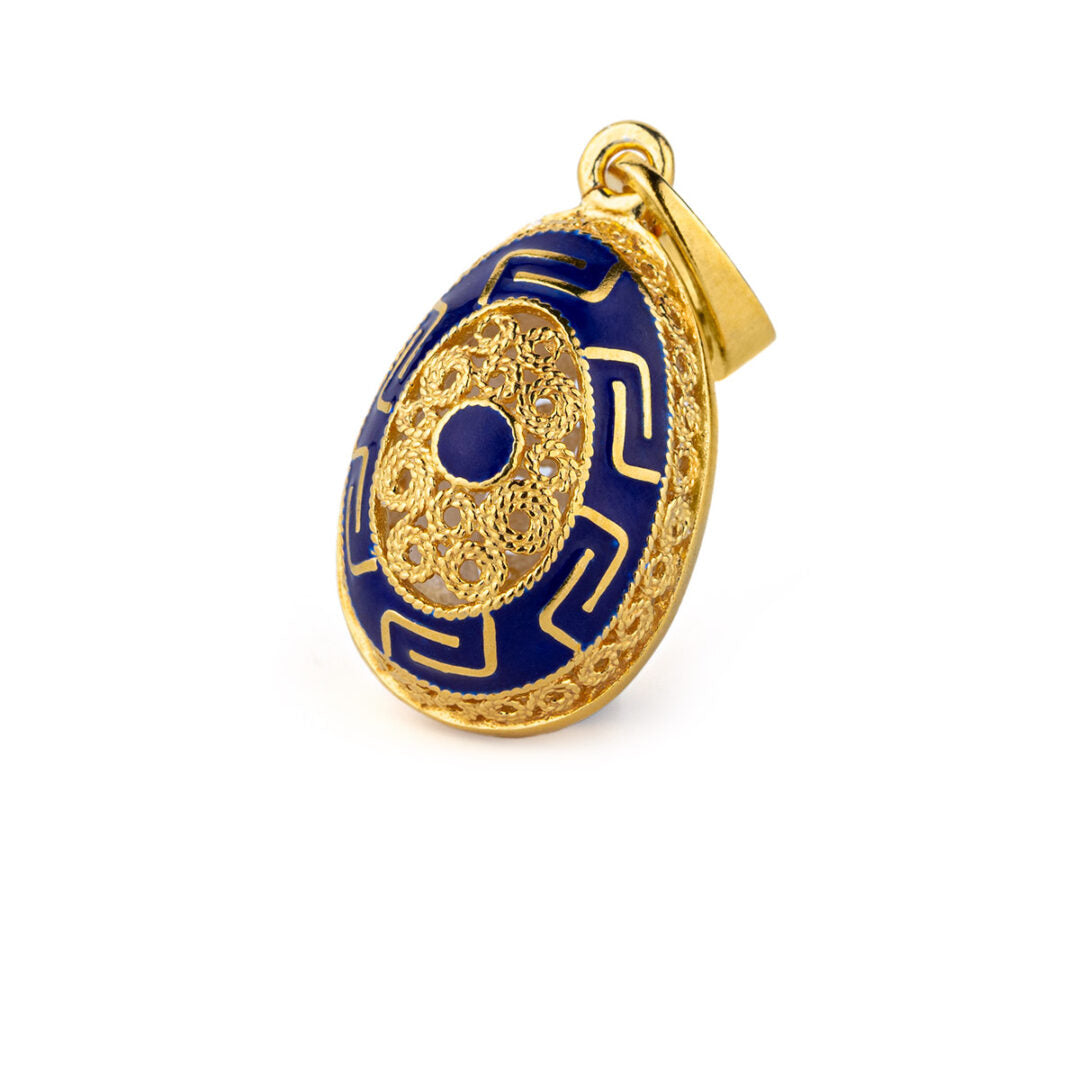 Meander Filigree Egg Pendant Necklace with Blue Enamel - Sterling Silver Gold Plated