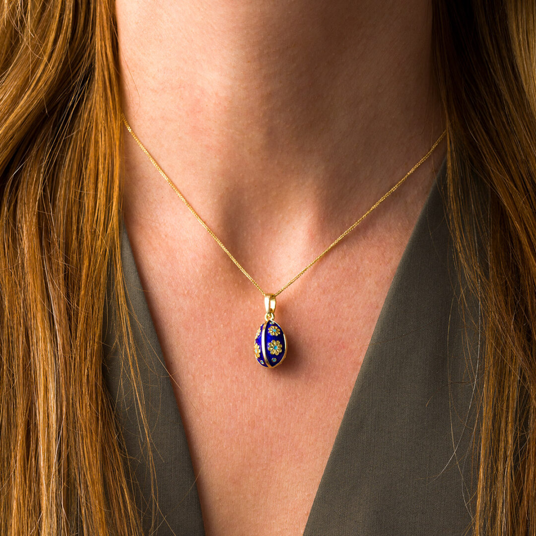 Egg Pendant Necklace with Flowers - Sterling Silver Gold Plated and Enamel — White