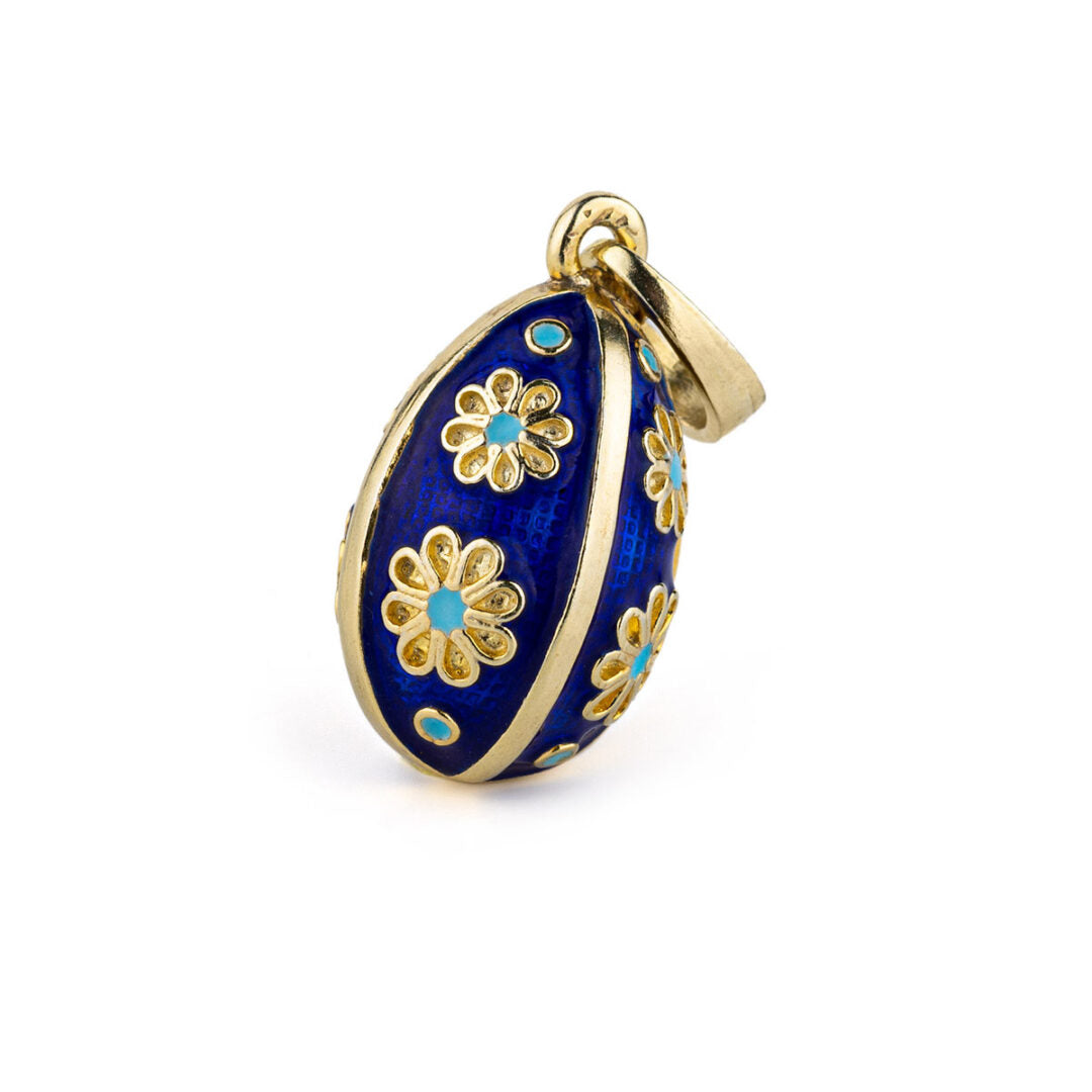 Egg Pendant Necklace with Flowers - Sterling Silver Gold Plated and Enamel — Blue
