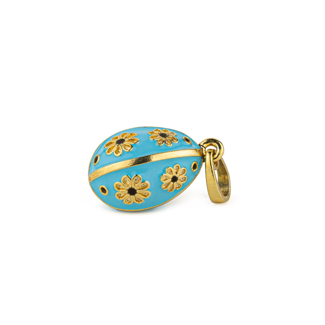 Egg Pendant Necklace with Flowers - Sterling Silver Gold Plated and Enamel — Blue