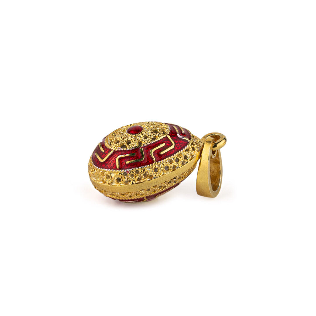 Greek Key Filigree Egg Pendant Necklace with Red Enamel – Sterling Silver Gold Plated