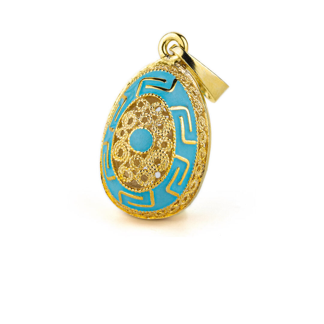 Meander Filigree Egg Pendant Necklace with Turquoise Enamel - Sterling Silver Gold Plated