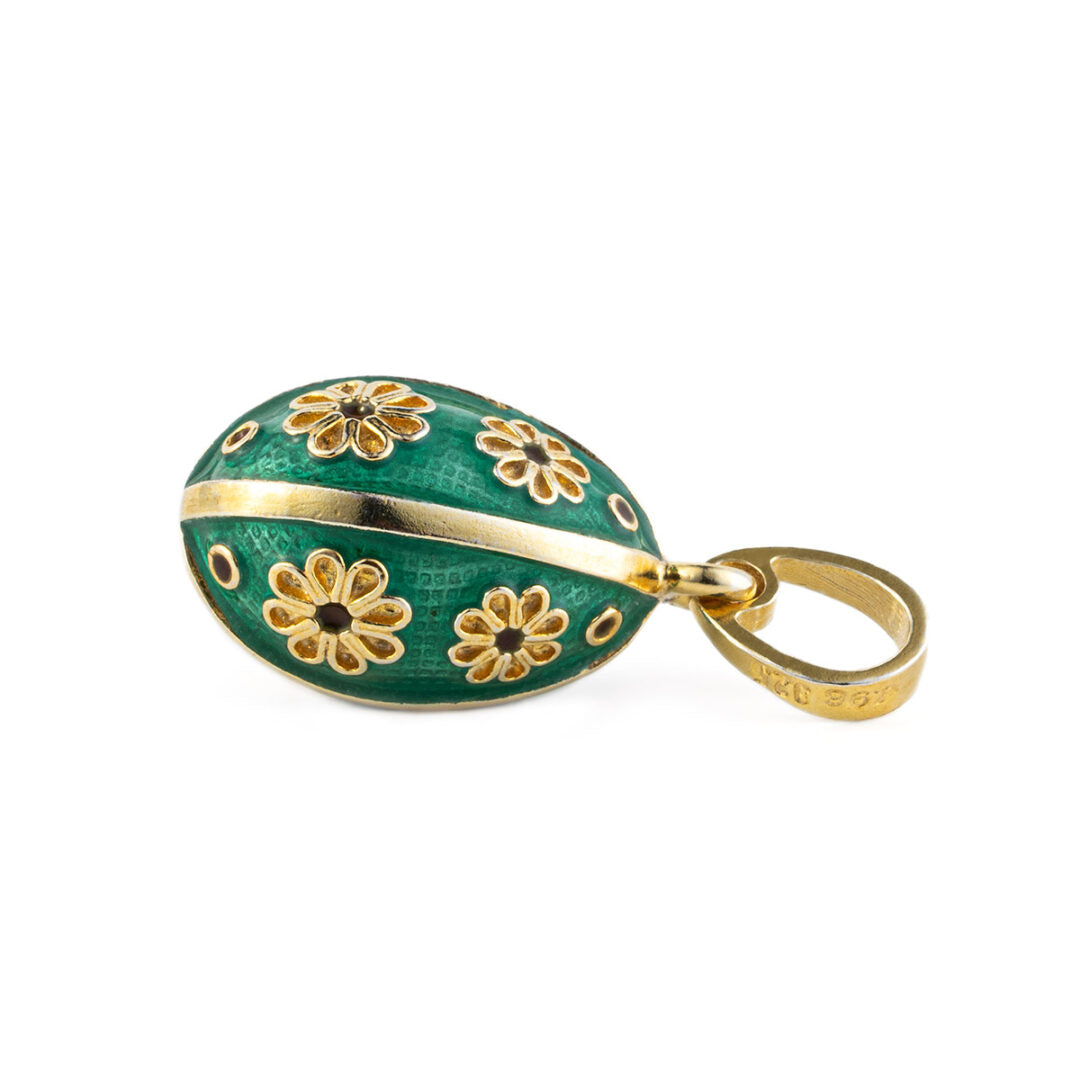 Egg Pendant Necklace with Flowers - Sterling Silver Gold Plated and Enamel — Blue