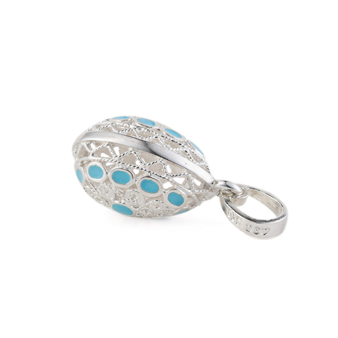 Filigree Egg Pendant Necklace with Spiral Motifs – 925 Sterling Silver — Turquoise