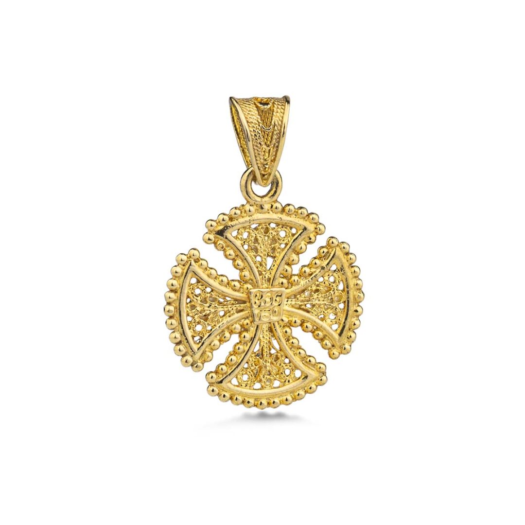 18k Gold Filigree Byzantine Cross With Ruby and Sapphire