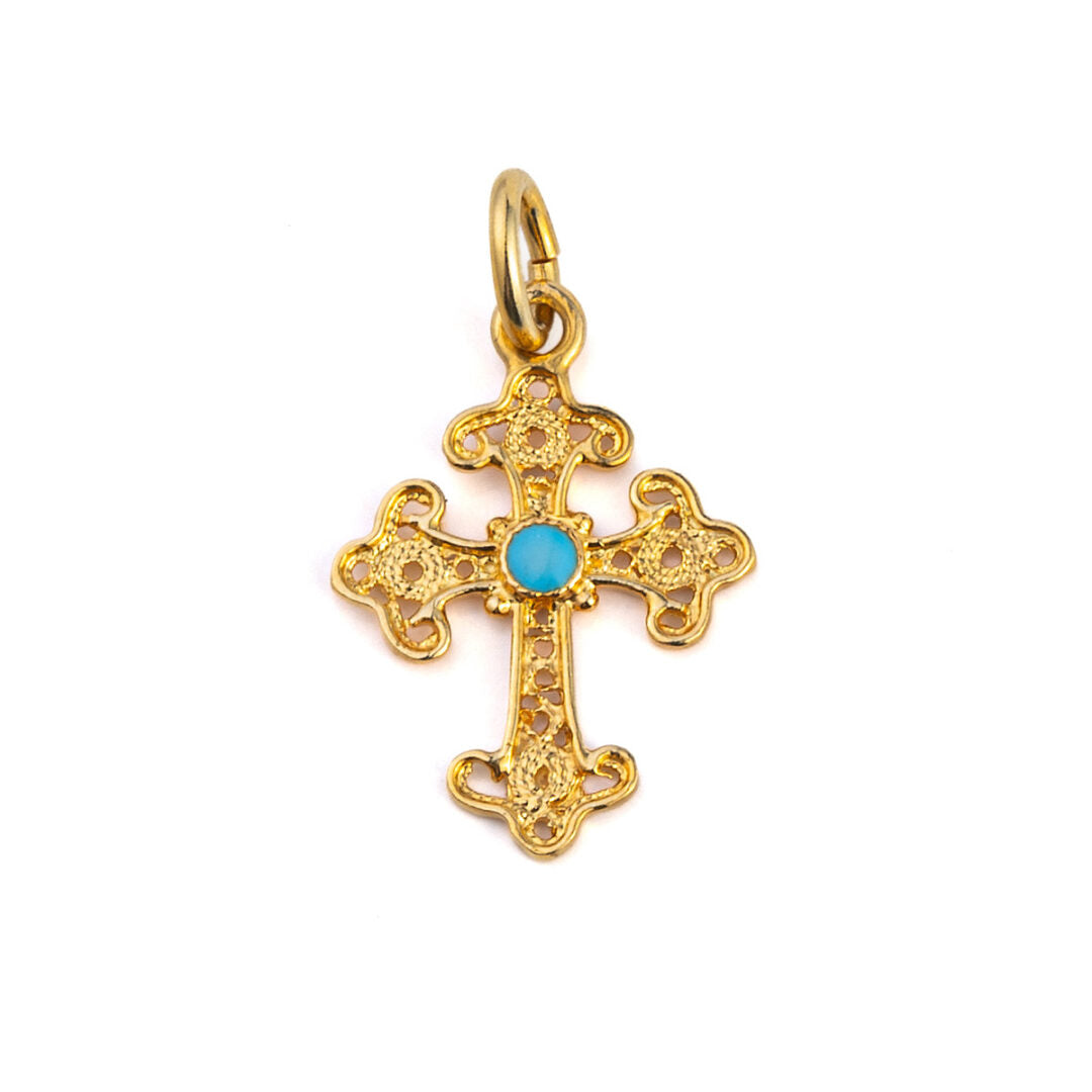 18K Gold Byzantine Filigree Cross with Turquoise Enamel