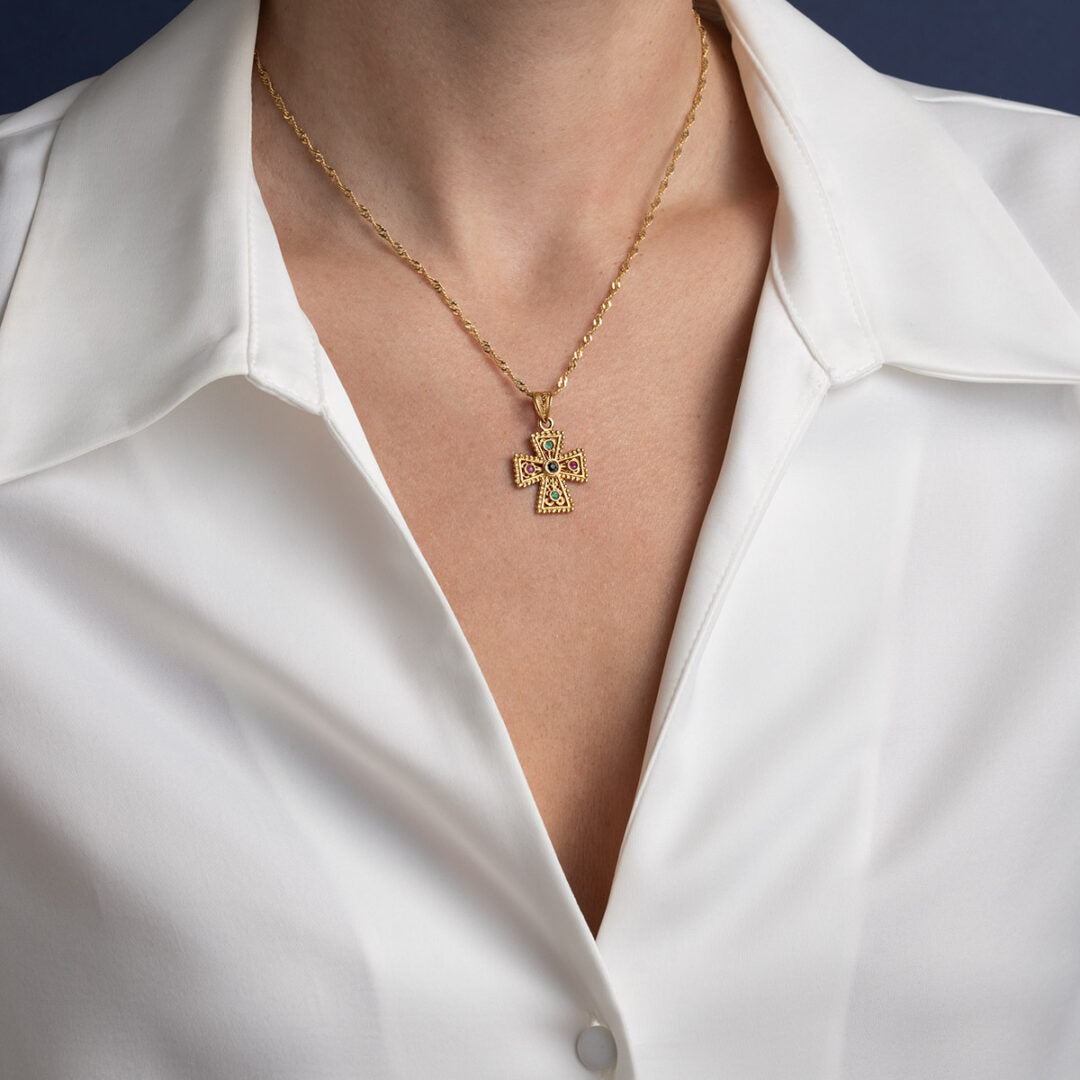 18K Gold Filigree Cross with Stones