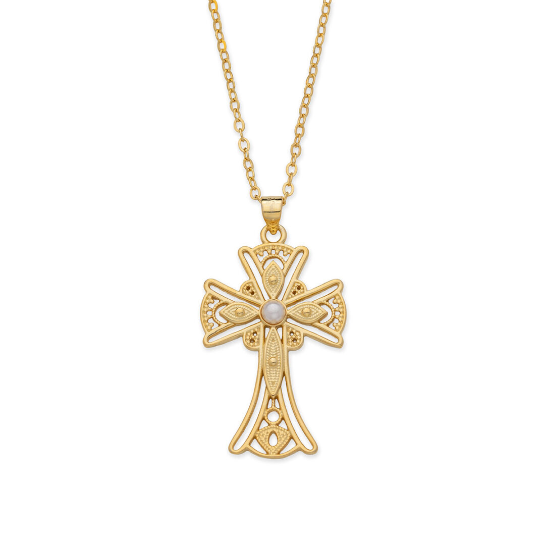 Byzantine Cross Necklace with Pearl - 925 Sterling Silver