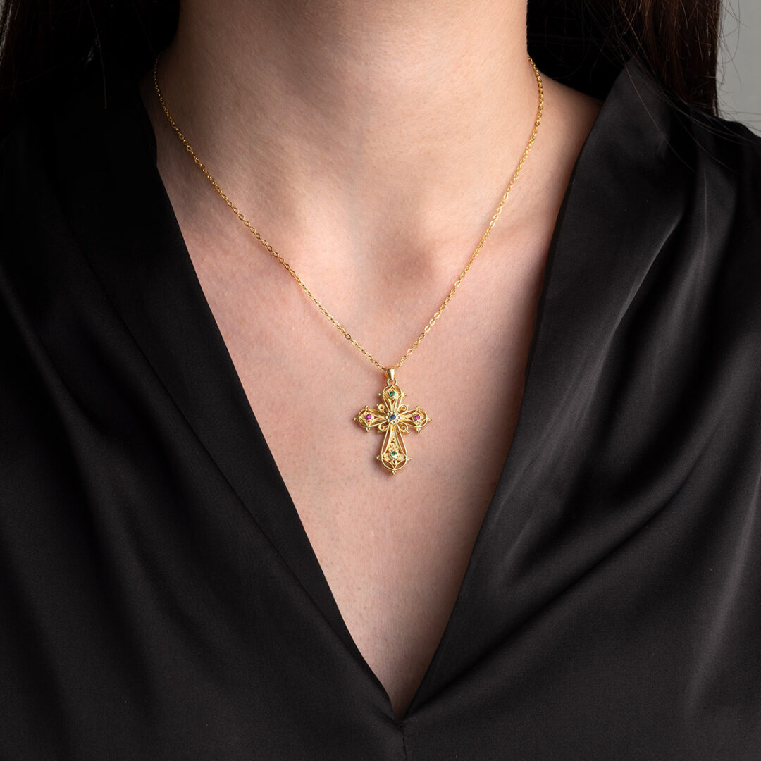 Byzantine Cross Necklace with Multi Color Zircon
