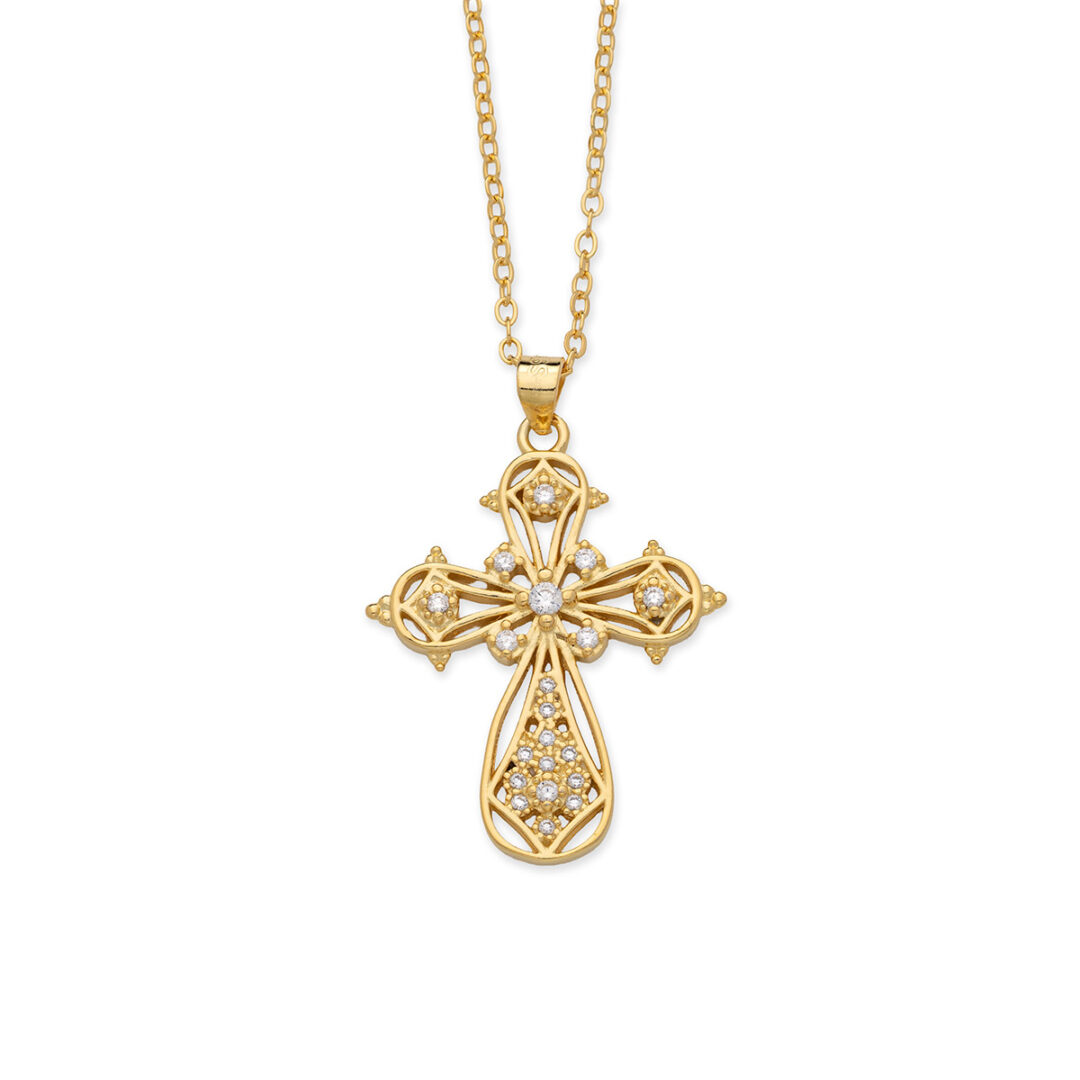Byzantine Filigree Cross Necklace with Zircon - 925 Sterling Silver