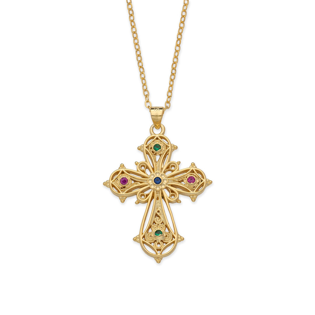 Byzantine Cross Necklace with Multi Color Zircon