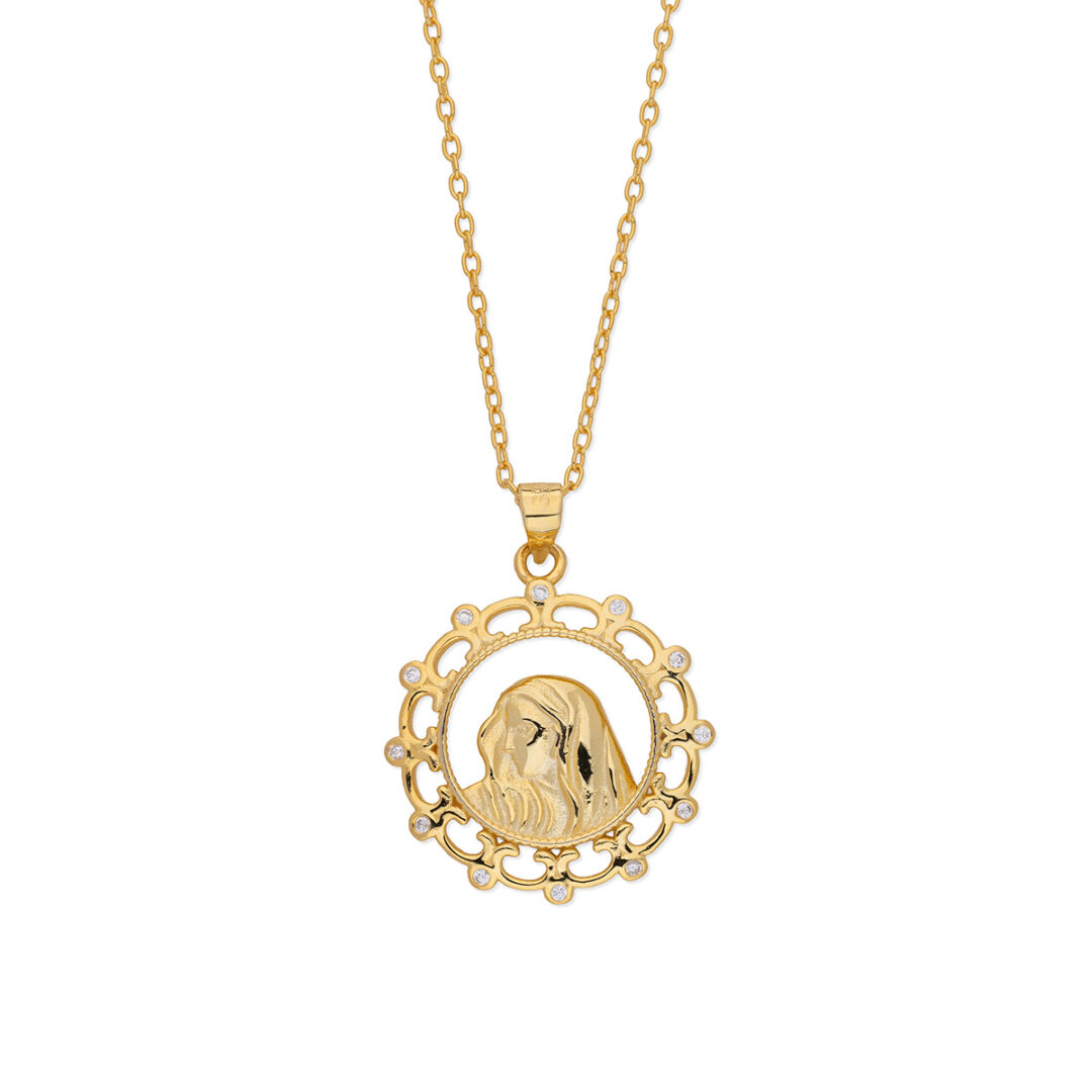 Gold Plated Virgin Mary Pendant Necklace with Zircon Stones