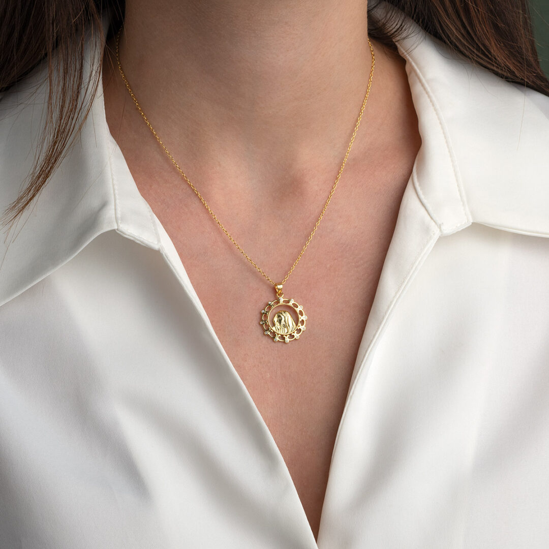 Gold Plated Virgin Mary Pendant Necklace with Zircon Stones