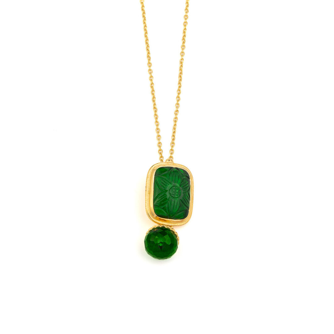 925 Sterling Silver and Gold Plated Necklace with geen Glass Engaving