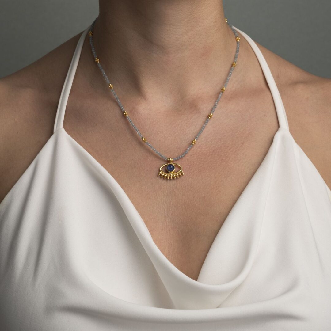 Evil Eye Necklace with Aquamarine & Lapis Lazuli