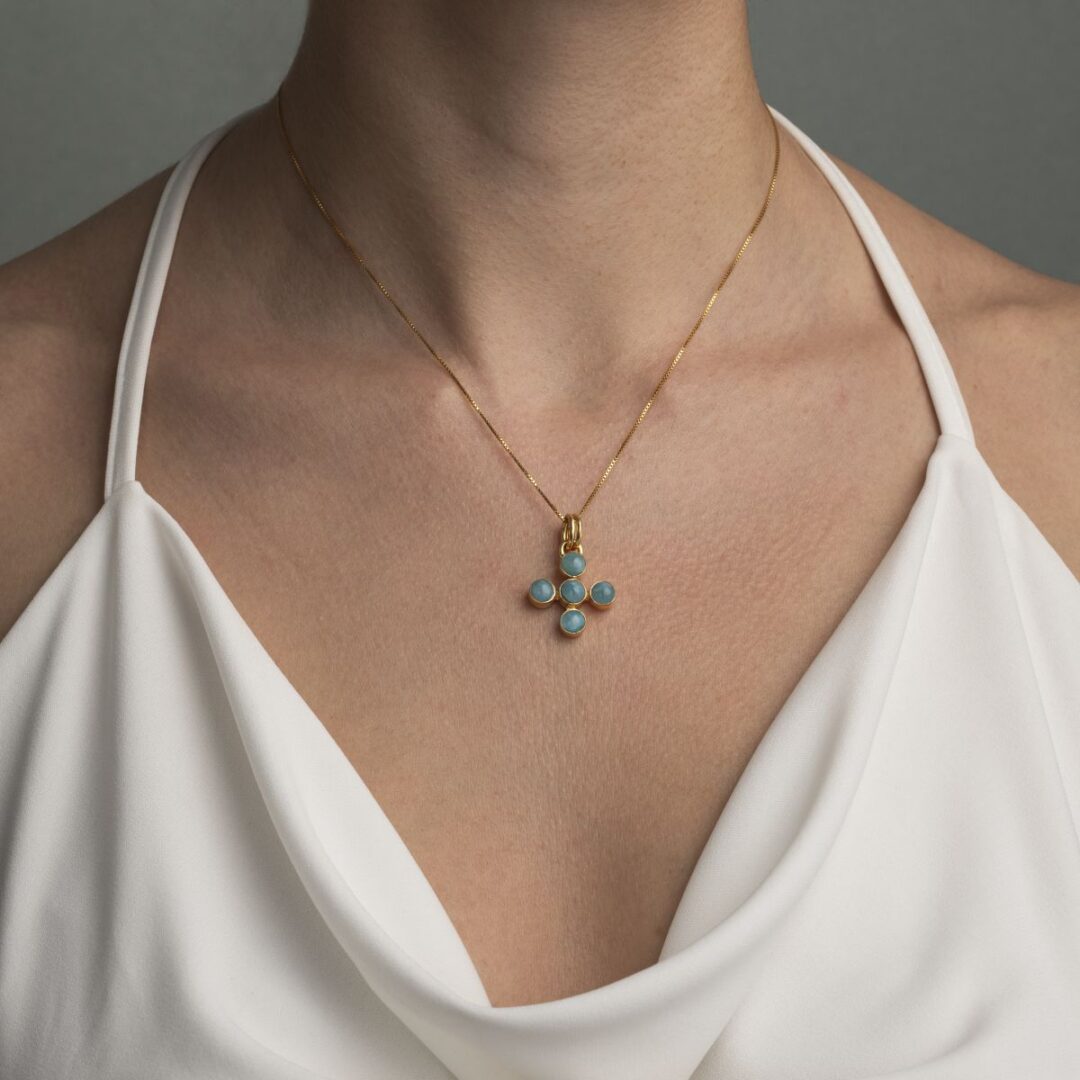 Larimar Cross Necklace in 925 Sterling Silver Gold Plated