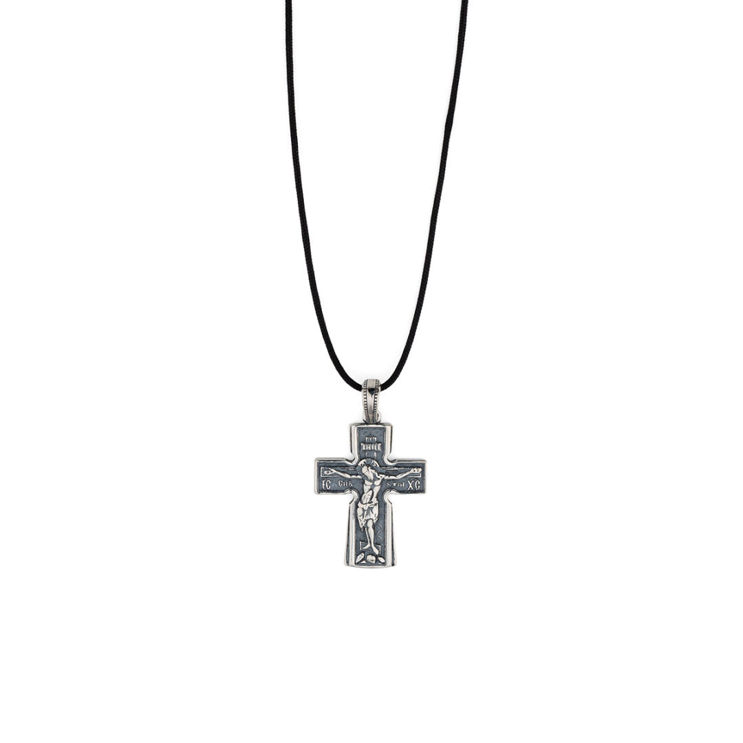 Crucifix Jesus Cross Cord Necklace - 925 Sterling Silver