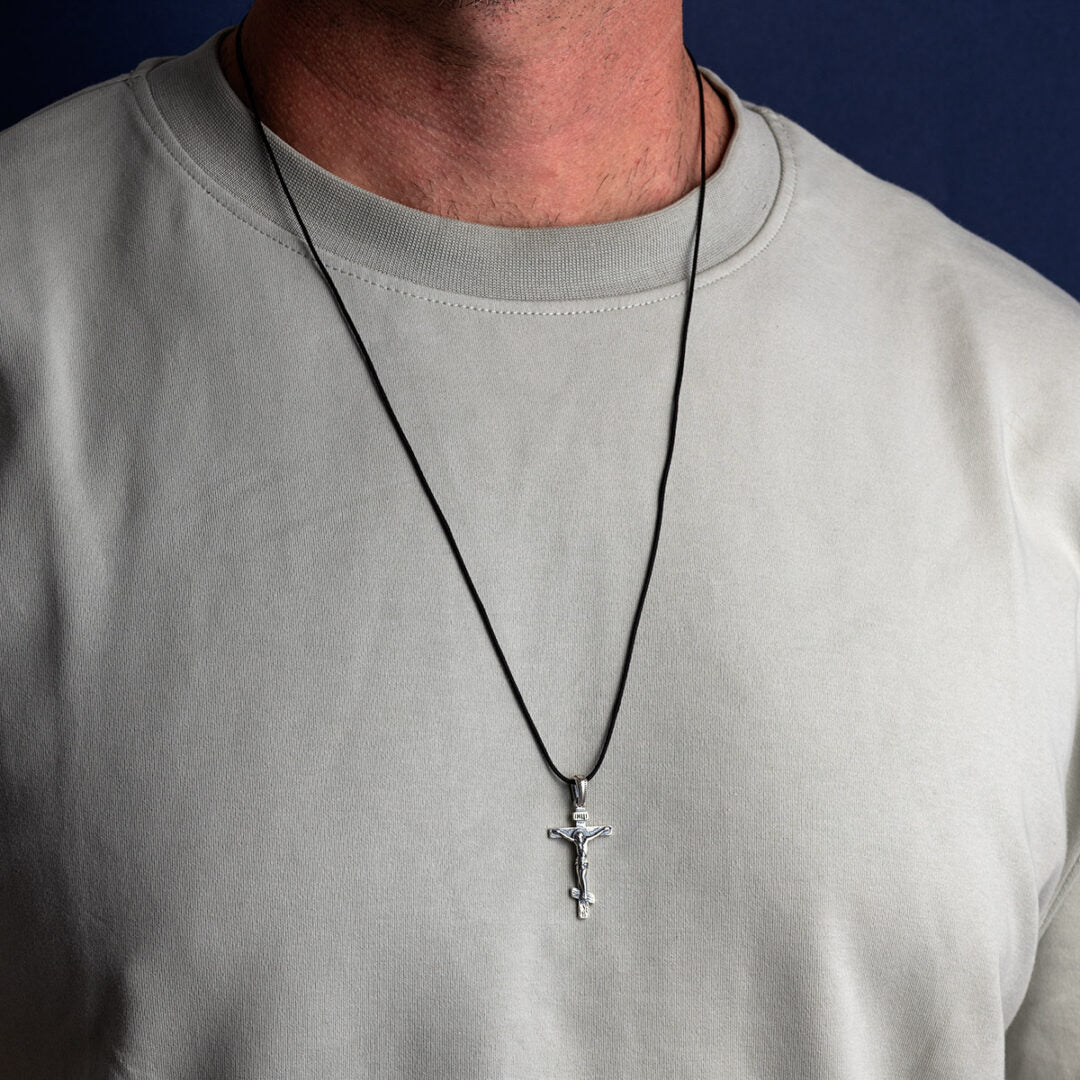 Jesus Crucifixion Cord Necklace - 925 Sterling Silver