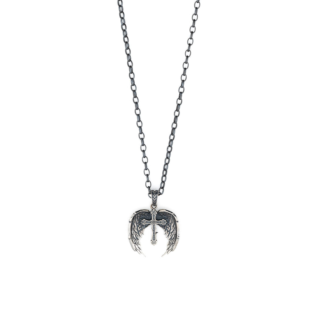Silver Feather Necklace with Cross