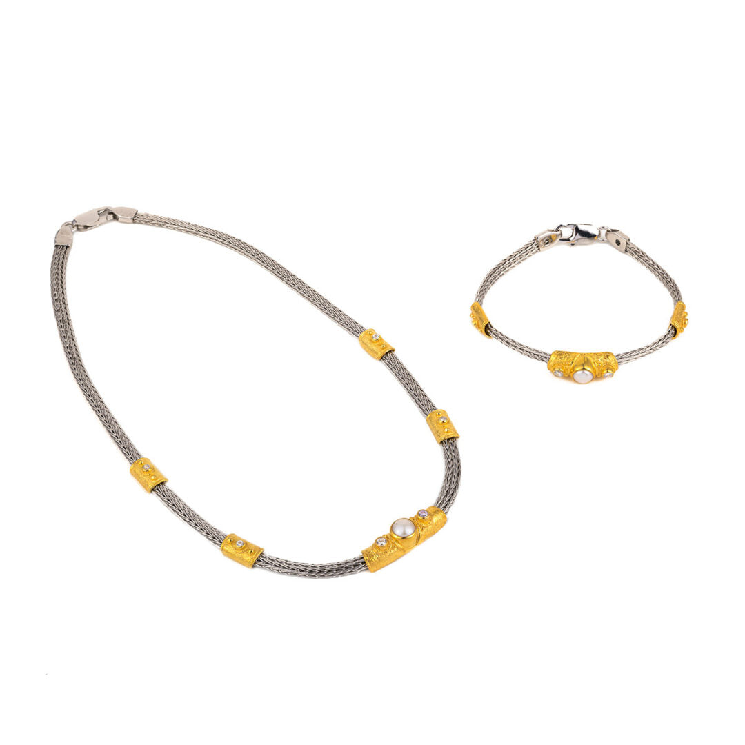 Byzantine Silver Gold Plated Necklace with Pearl and Crystals