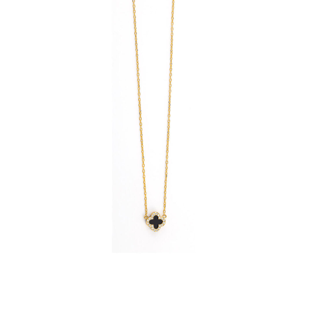 9K Gold Black Onyx Cross Necklace with White Zircons