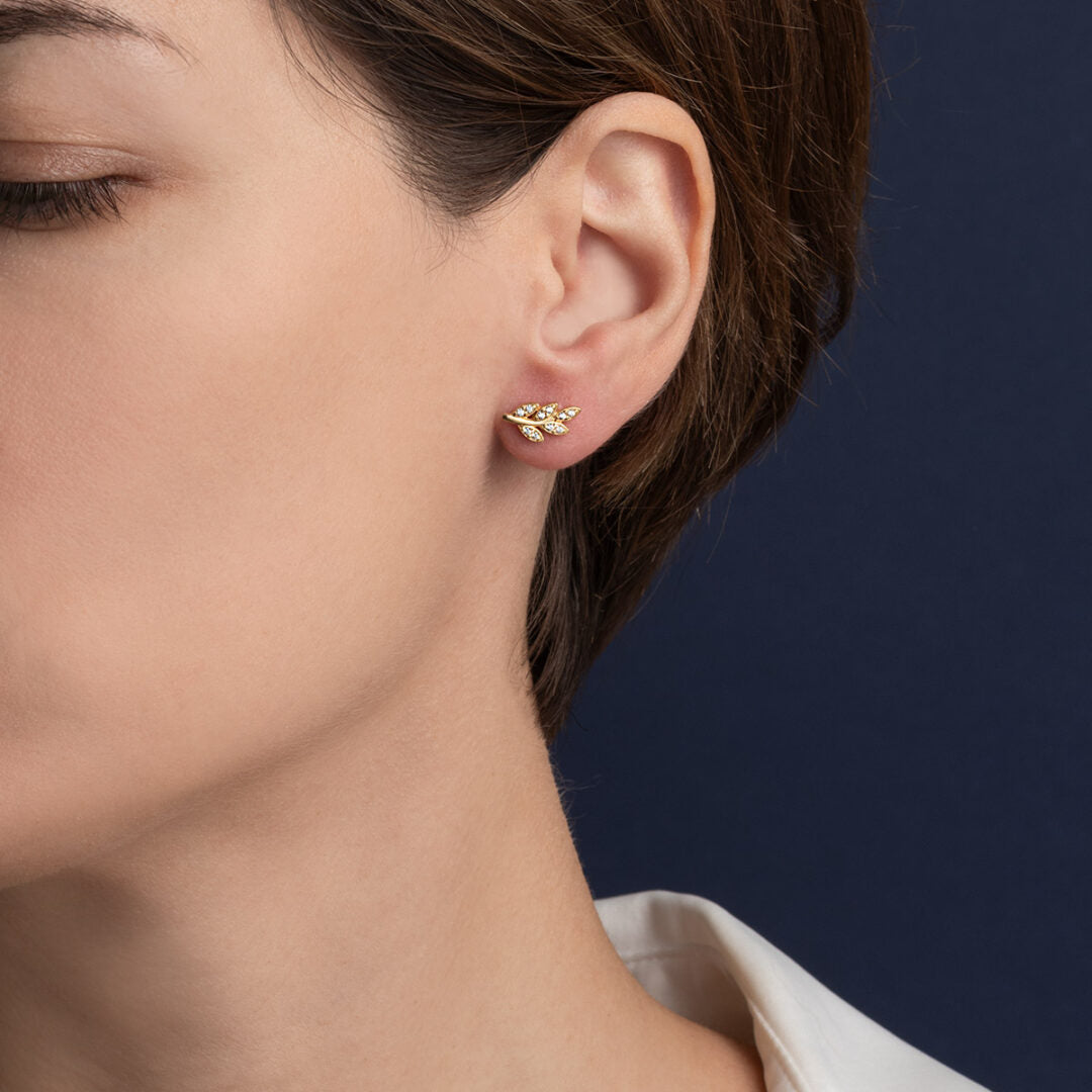 Leaf Earrings with Zircon – 14K Yellow Gold