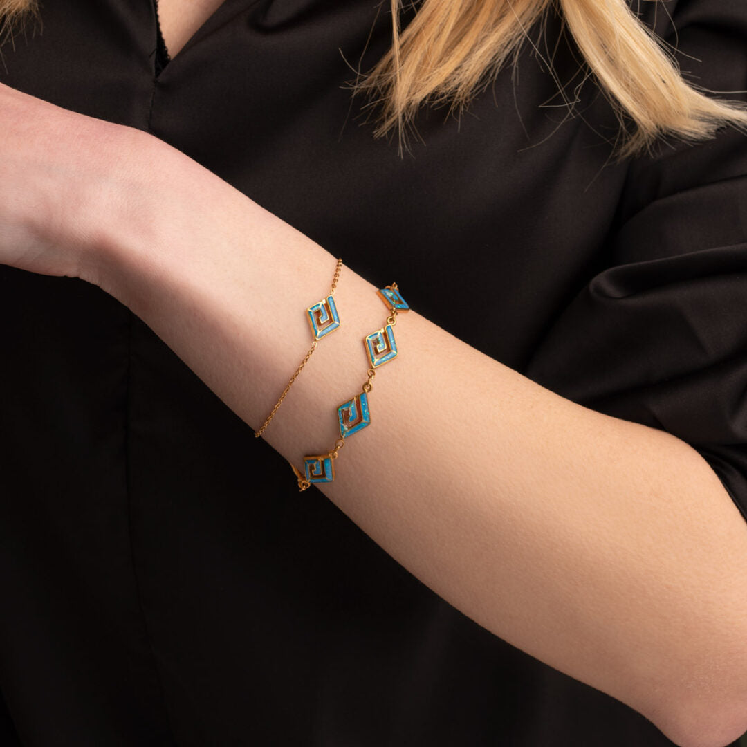 Multi Greek Key Bracelet with Ocean Blue Details in Stainless Steel — Gold