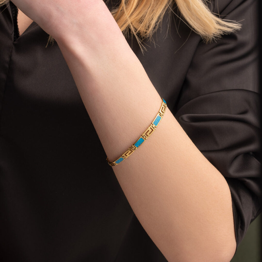 Meander Link Bracelet with Ocean Blue Details in Stainless Steel — Silver