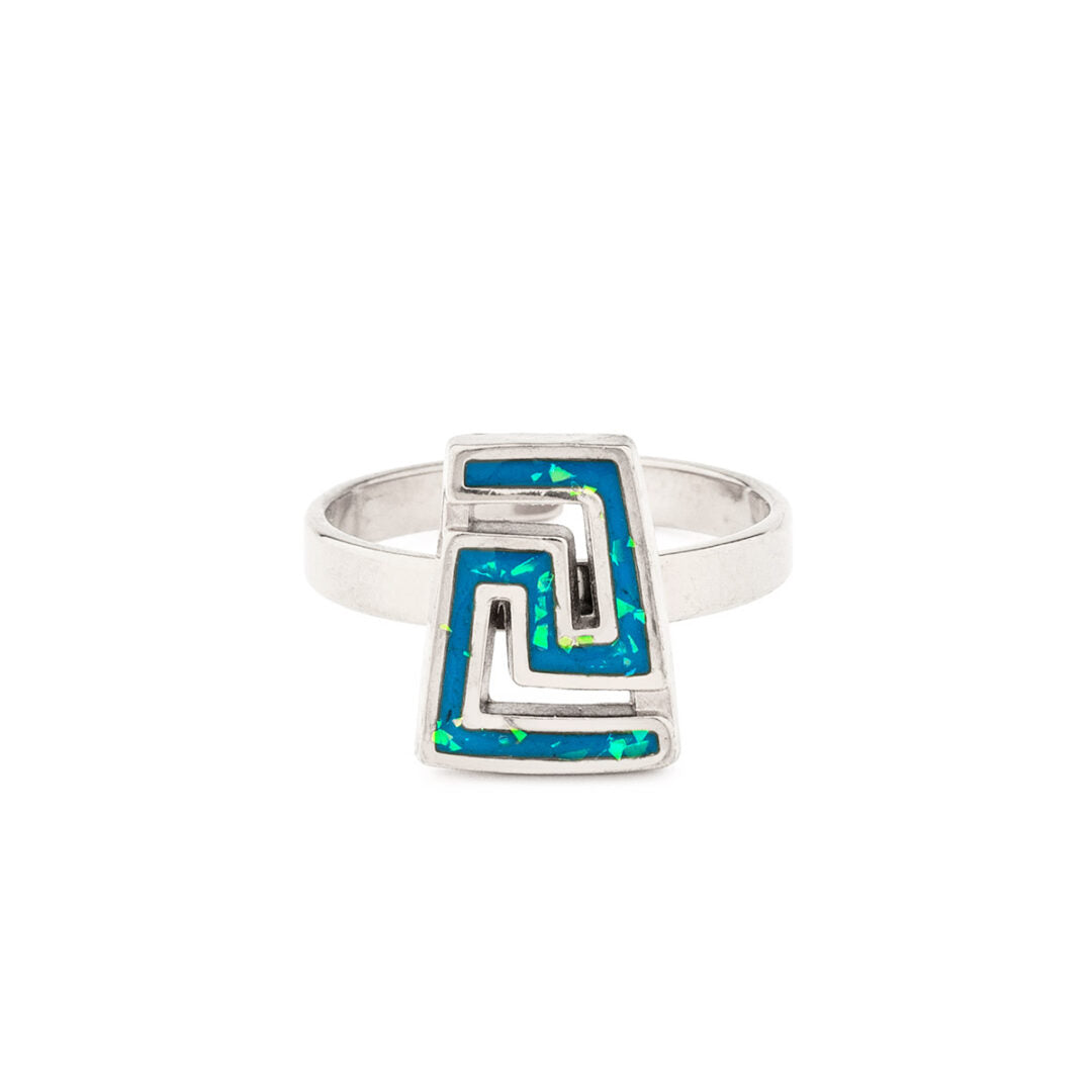Greek Key Ring with Ocean Blue Details in Stainless Steel