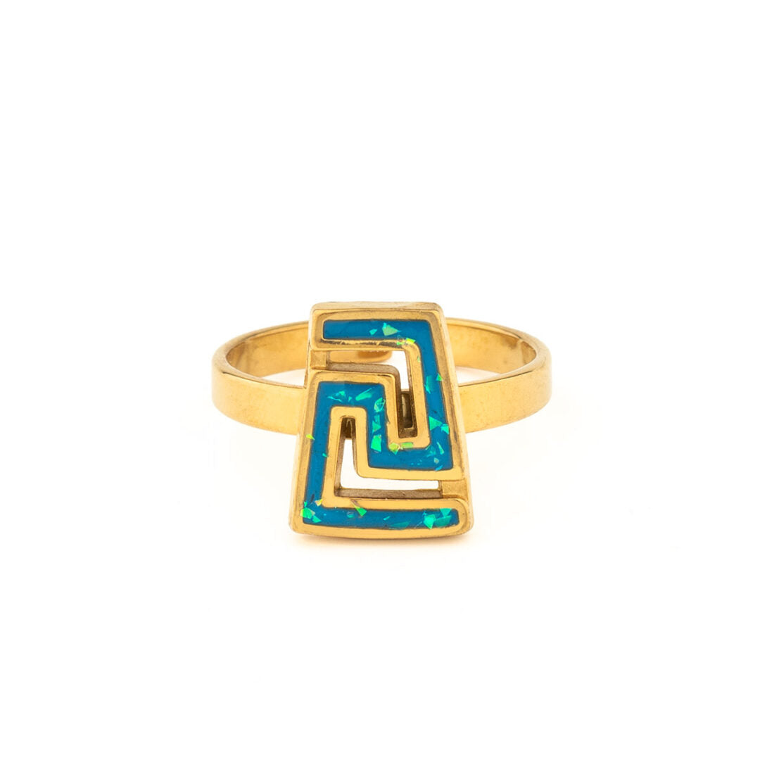 Greek Key Ring with Ocean Blue Details in Stainless Steel — Gold