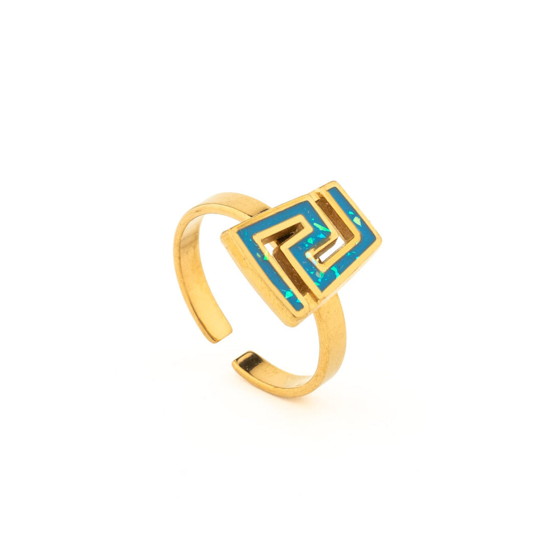 Greek Key Ring with Ocean Blue Details in Stainless Steel — Silver