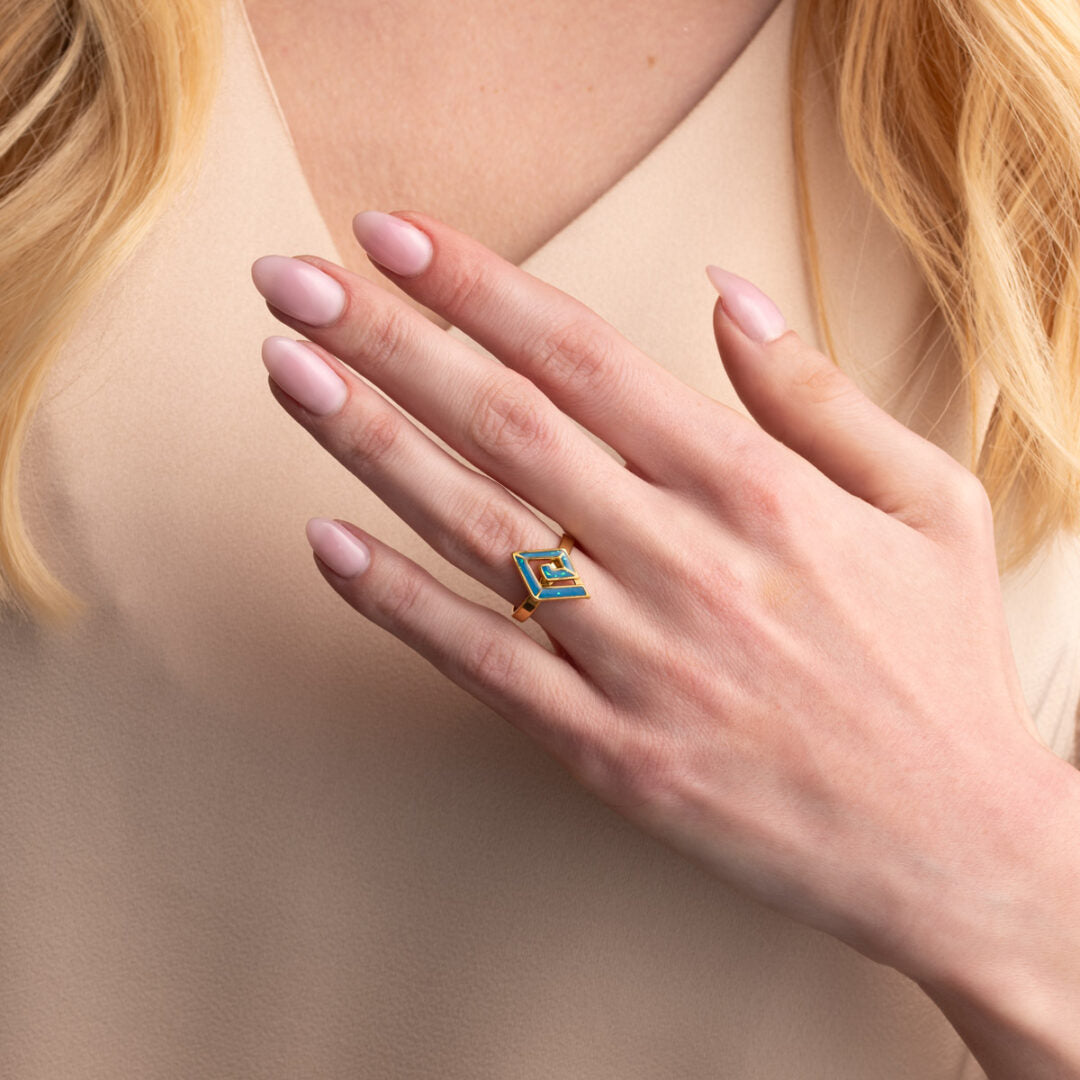 Meander Ring with Ocean Blue Details in Stainless Steel — Gold