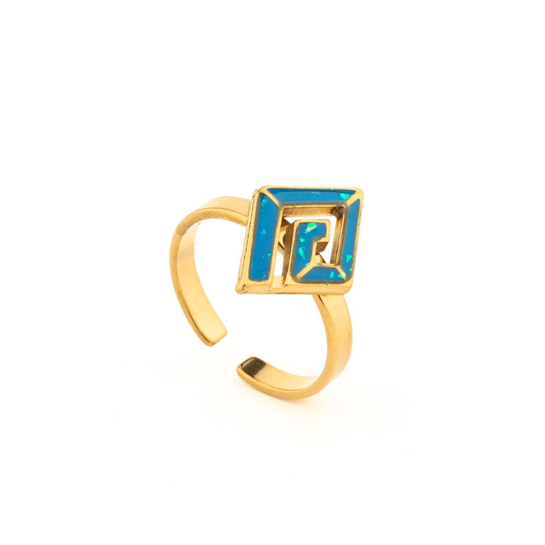Meander Ring with Ocean Blue Details in Stainless Steel — Gold