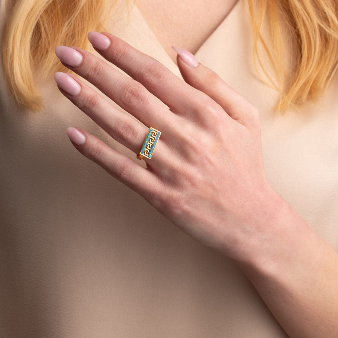 Greek Key Meander Ring with Ocean Blue Details in Stainless Steel — Gold