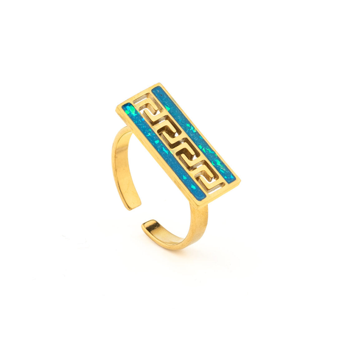 Greek Key Meander Ring with Ocean Blue Details in Stainless Steel — Gold