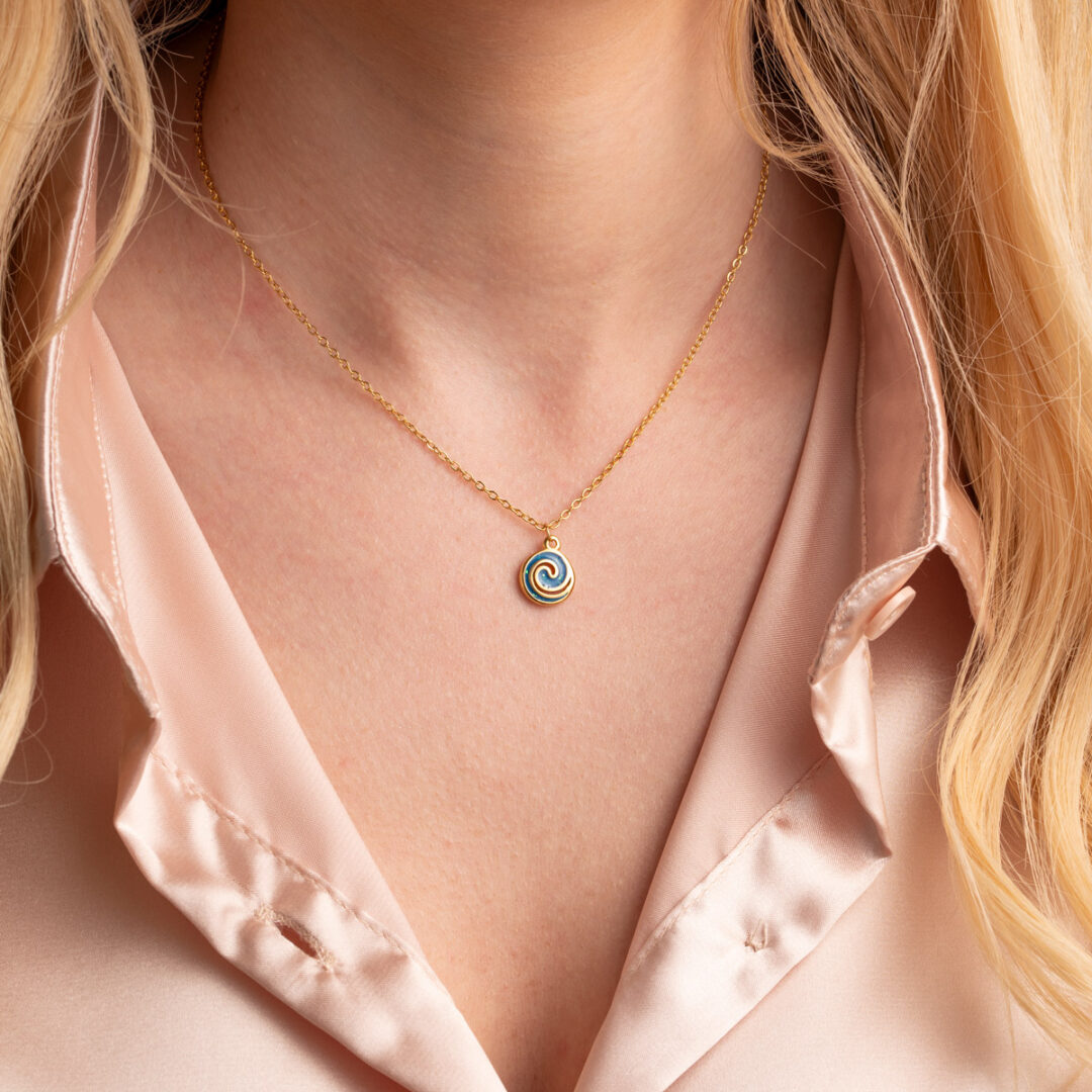 Spiral Pendant Necklace with Ocean Blue Details in Stainless Steel — Gold