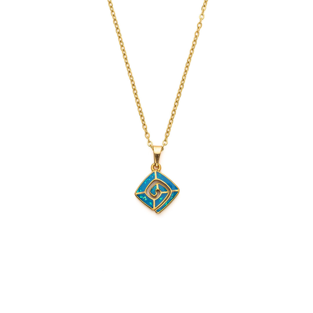 Meander Pendant Necklace with Ocean Blue Details in Stainless Steel