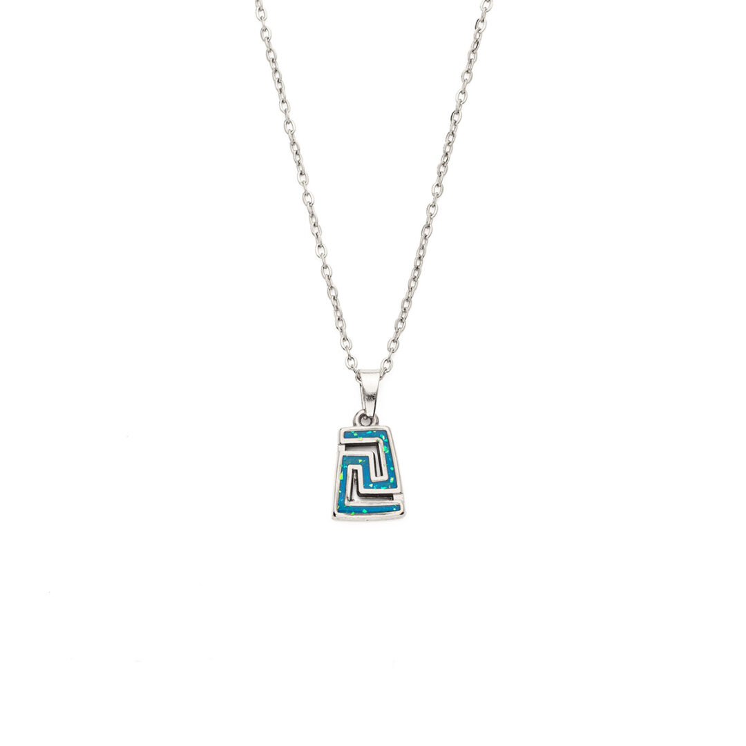 Greek Key Pendant Necklace with Ocean Blue Details in Stainless Steel