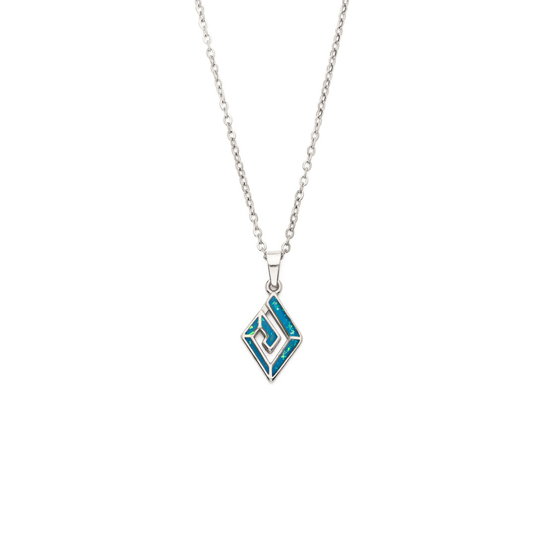 Greek Key Necklace with Ocean Blue Details in Stainless Steel