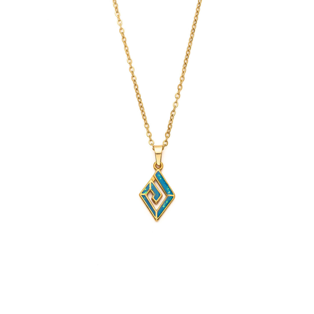 Greek Key Necklace with Ocean Blue Details in Stainless Steel — Gold