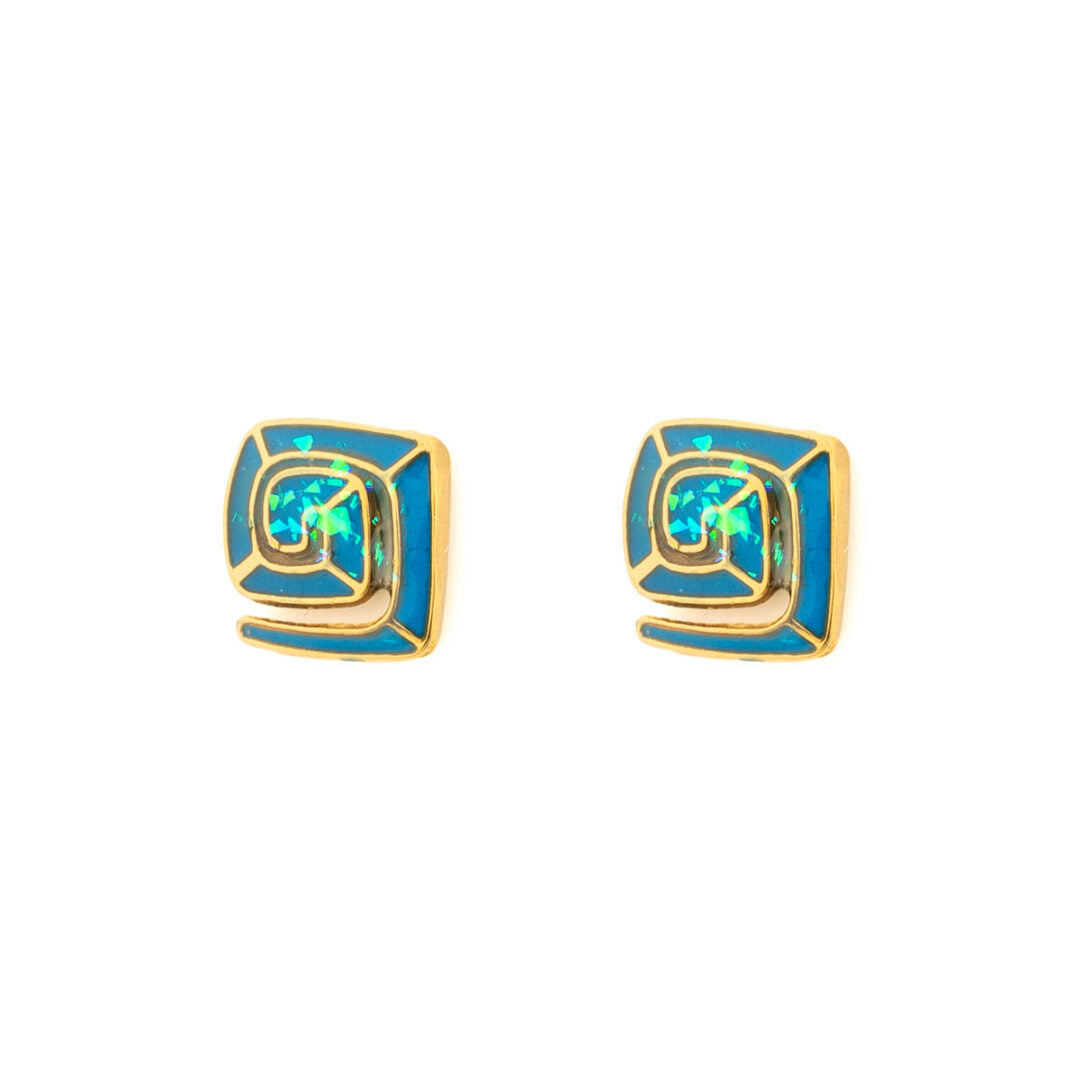 Greek Key Stud Earrings with Ocean Blue Details in Stainless Steel