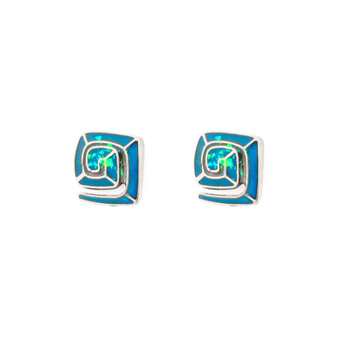 Greek Key Stud Earrings with Ocean Blue Details in Stainless Steel — Silver