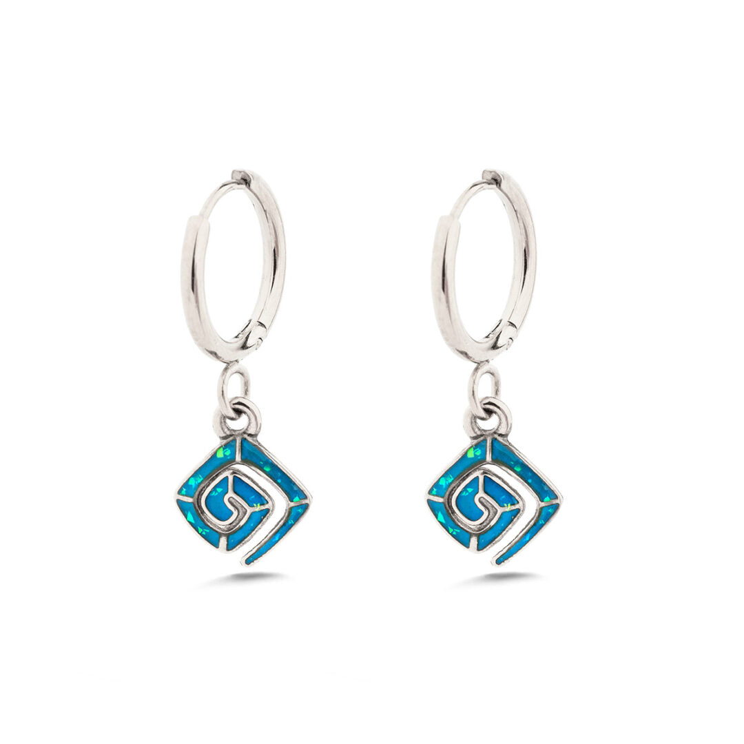 Greek Key Dangle Earrings with Ocean Blue Details in Stainless Steel — Silver