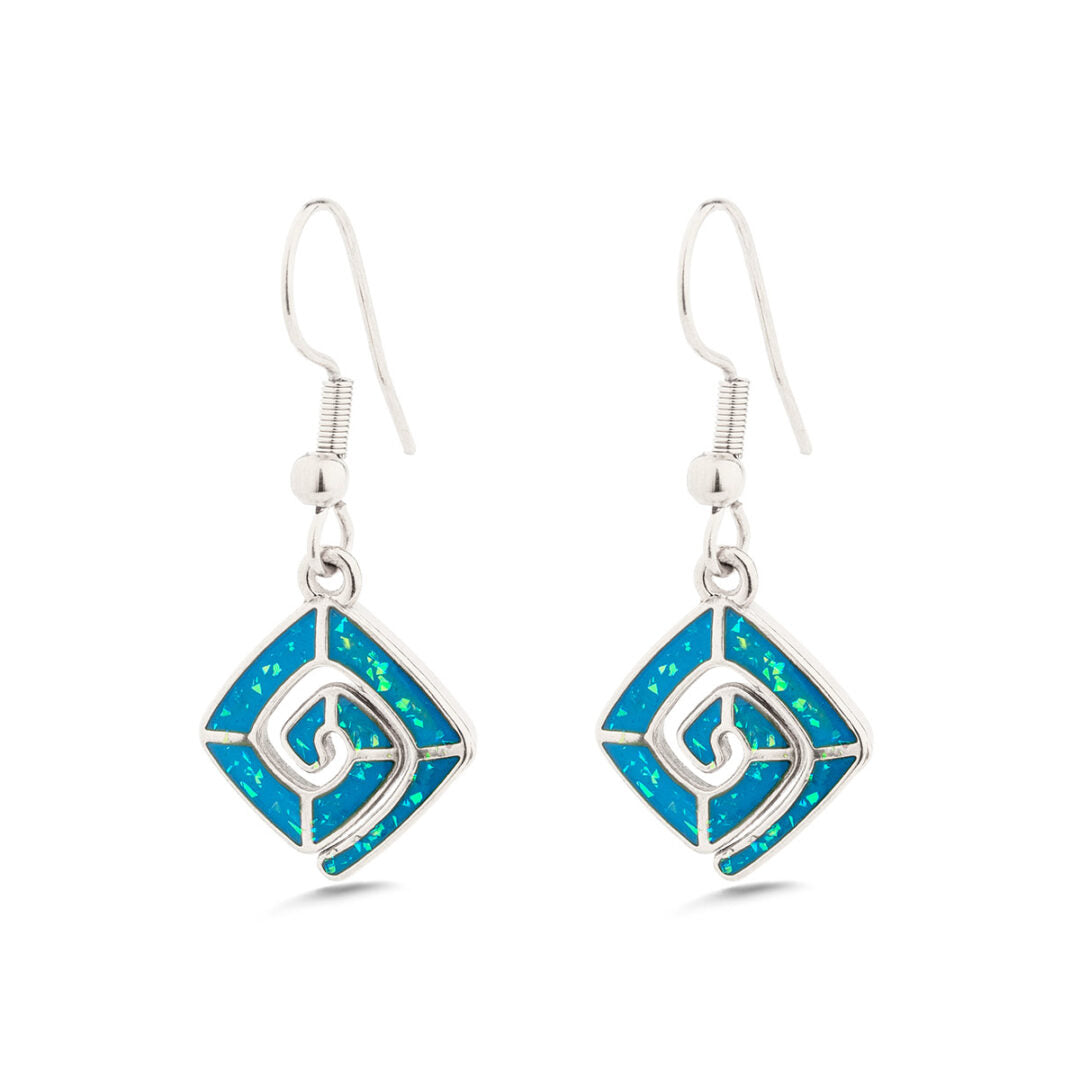 Greek Key Earrings with Ocean Blue Details in Stainless Steel — Silver